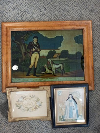 null Handle of framed pieces including:

- Two embroideries on paper, XIXth century

-...