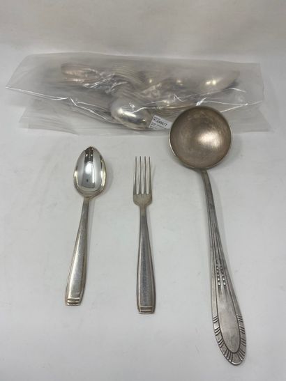 null Twelve pieces of silver-plated flatware and a ladle, circa 1925