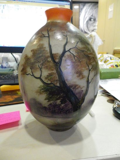 null LEUNE

Vase balustre en verre peint à décor d'un paysage arboré en bord de rivière.

Signé.

H....