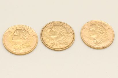 null Lot de trois pièce en or de la Confédération Suisse de 20 francs comprenant...