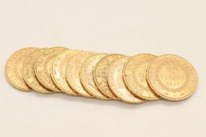 null Lot de dix pièces en or comprenant :

- 7 x 20 francs au Génie (1876 A ; 1877...