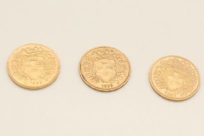 null Lot de trois pièce en or de la Confédération Suisse de 20 francs comprenant...