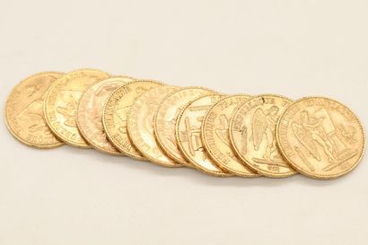null Lot de dix pièces en or comprenant :

- 7 x 20 francs au Génie (1876 A ; 1877...
