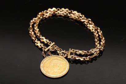 null Bracelet double rangs en or jaune 18k (750), une pièce de 20 francs Napoléon...