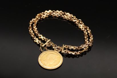 null Bracelet double rangs en or jaune 18k (750), une pièce de 20 francs Napoléon...