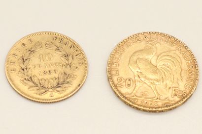 null Lot de deux pièces françaises en or comprenant : 

une pièce de 20 francs en...