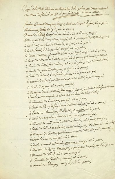null EMIGRANTS. Handwritten list: "Copy of the note given to the Minister of police,...