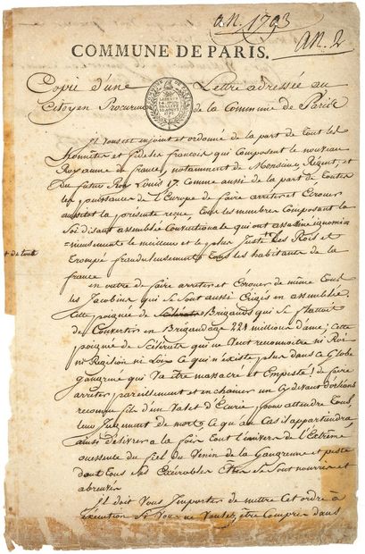 null COMMUNE DE PARIS. 3 lettres et documents, 1793 et s.d.



Janvier 1793. Claude...