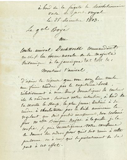 null Jacques BOYÉ (1766-1820) général, il commanda à Saint-Domingue. L.A.S., à bord...