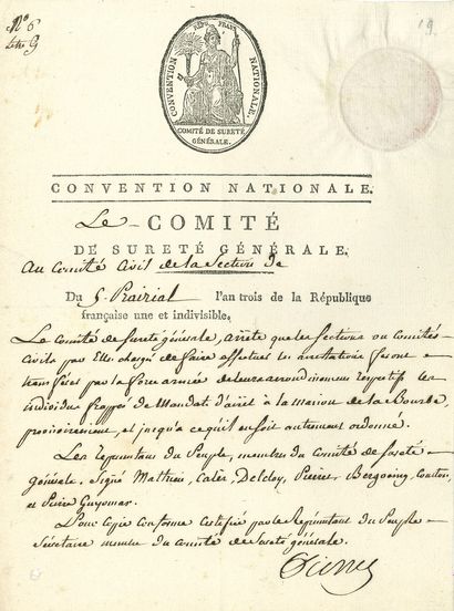 null Joseph Nicolas PIERRET(1758-1825)conventionnel (Aube). 2 P.S., 5 et 27 prairial...