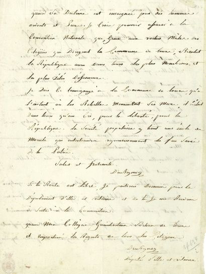 null François-Marie-Jean DU BIGNON (1754-1817) conventionnel (Ille et Vilaine). L.A.S.,...