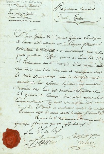 null Guillaume BRUNE (1763-1815) maréchal de France. P.S. signée 2 fois, 13 et 14...