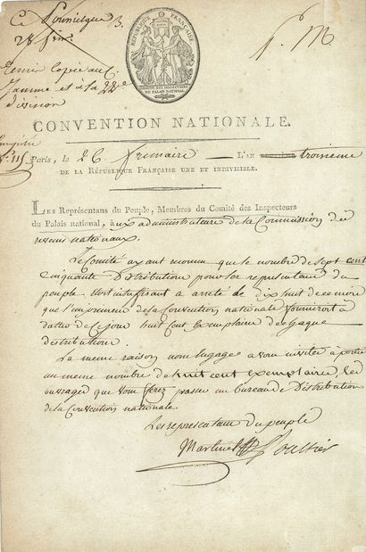 null Joseph-Marie-Philippe MARTINEL (1762-1853) conventionnel (Drôme). L.S. cosignée...