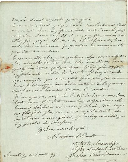 null Camp de JALÈS. Chevalier de LA BEAUME. L.A.S., Chambéry 1er août 1792, à un...