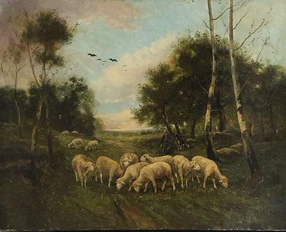 null FRENCH SCHOOL XIXth century 

Sheep grazing, 

oil on canvas, bears a faint...