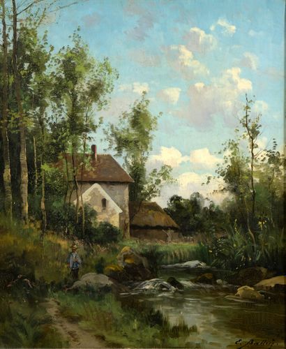 null BALLUE Pierre Ernest, 1855-1928,

Pêcheur près d'un ruisseau,

huile sur toile...