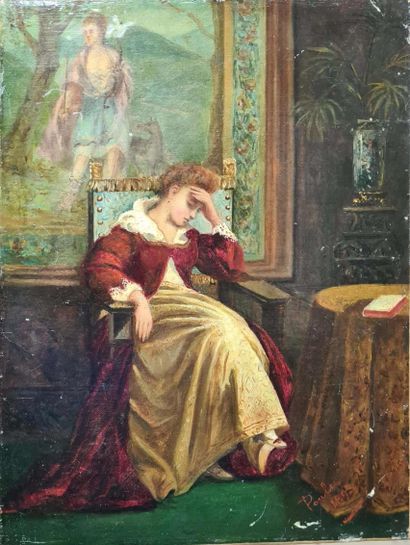 null ÉCOLE FRANÇAISE FIN XIXe siècle,

Jeune femme dans un intérieur à la tapisserie,...