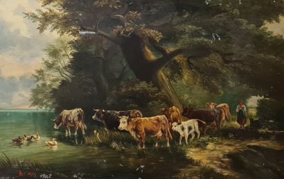 null ECOLE XIXeme siècle 

troupeau de vaches au bord d'une rivière, 1877

Huile...