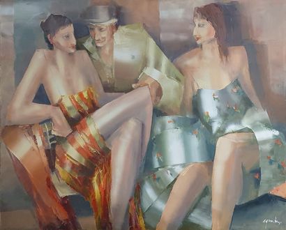 null MODERN SCHOOL 

the discussion 

Oil on canvas signed lower right 

73 x 91.5...