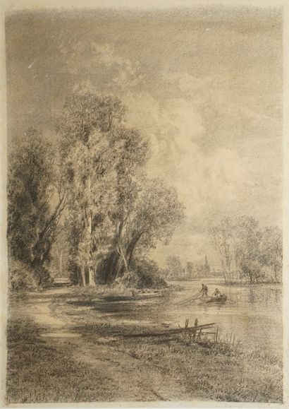 null ANONYME FIN XIXe siècle

Pêcheurs en barque près des arbres

gravure en noir...