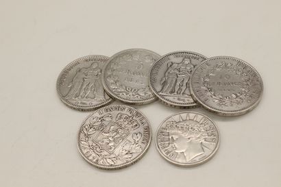 null Lot de pièces en argent comprenant : 

5 Francs Hercule 1874, A.

10 Francs...