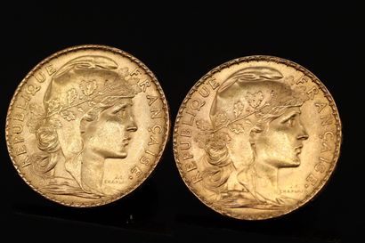 2 pièces en or de 20 francs au Coq 1905 et...