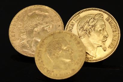null Lot of three gold coins including :

- 20 Francs Napoleon III tête laurée (1866...