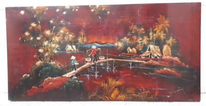 null HOAN P. 

Village scenes, pair of lacquers on wood, one showing peasants on...