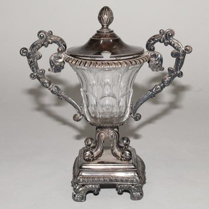 Mustard pot in silver and glass.

Marked...