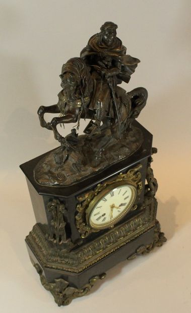null Black marble clock with rich ornamentation in patinated bronze, the white enamelled...
