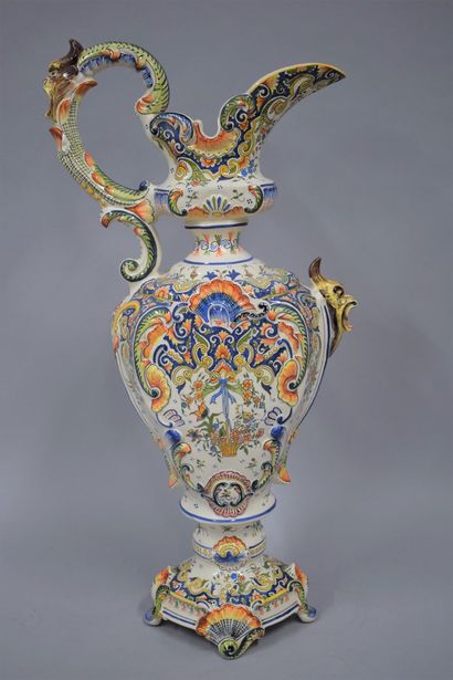null Large ewer in polychrome earthenware of Desvres with rich decoration "Rouen"...