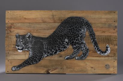  MOSKO (born in 1953) 
Grey cambered panther 
Mixed media on wood 
Signed lower right...