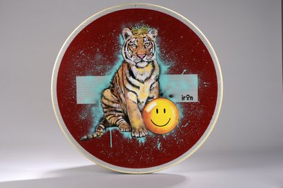  IRON (born in 1995) 
Tiger Smile 
Mixed media on a road sign 
Signed on the right...