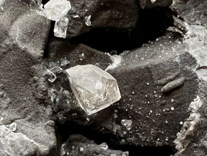 null Quartz, septaria: half geode with pyramidal crystal slightly smoked, and three...