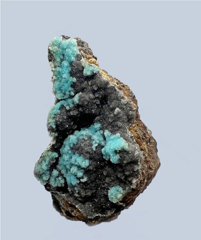 null Remarkable crystallized chrysocolla and morion quartz : crystallized spherules...