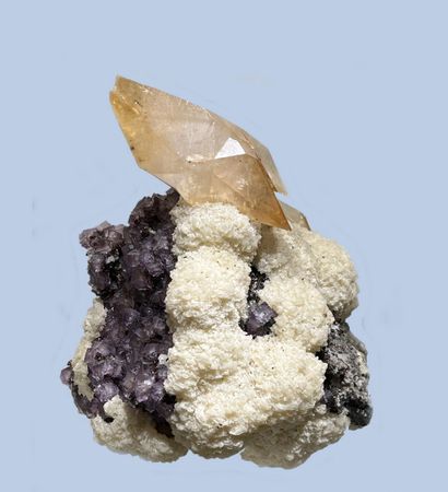 null Calcite, Fluorite, sphalerite, bitumen, topazolite: honey yellow scalenohedron...