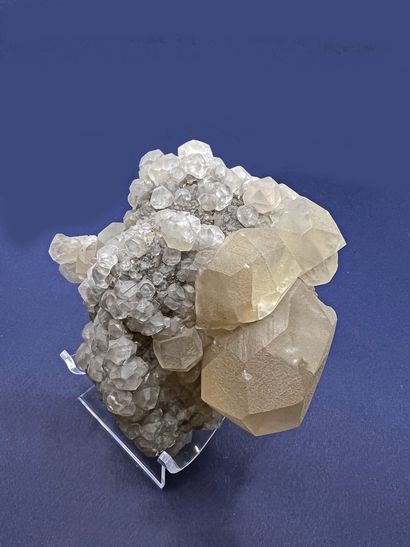 null Calcite. Two generations of crystals: light yellow (6 cm) biterminated on clear...
