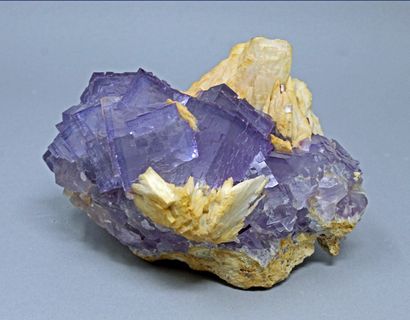 null Fluorite: purple perfect cubes (4 cm), cream crested baryte (1986) 

Berbes,...