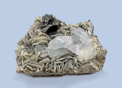 null Goshenite (var. béryl), cassitérite, mica : groupe de 14 cristaux gemmes bleu

clair...