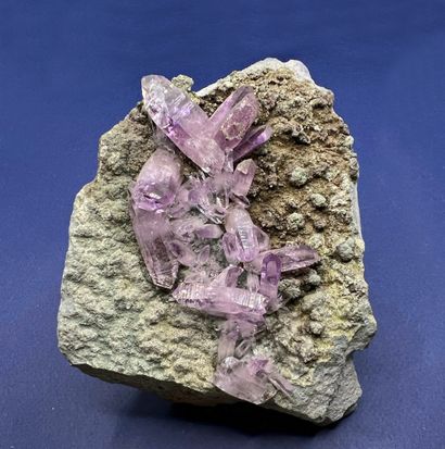 null Quartz amethyst: range (10 x 6 cm) of gemmy bipyramid crystals, purple to clear...