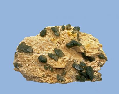 null Hydroxyl - green apatite: dark green flattened prisms (2-3 cm) isolated on clear...