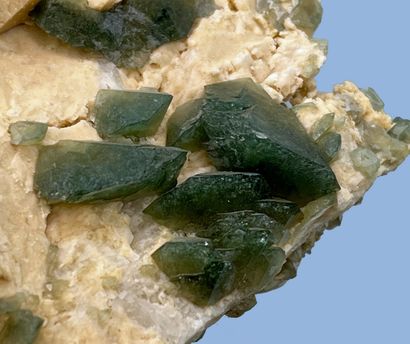null Hydroxyl - green apatite: dark green flattened prisms (2-3 cm) isolated on clear...
