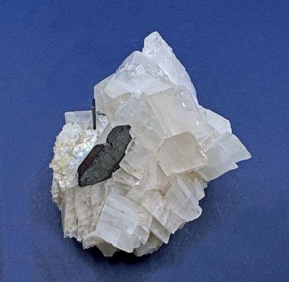  Hématite, dolomite : lamelle épaisse et brillante d'hématite, sur agrégat de 
rhomboèdres...