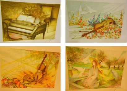 POULET RAYMOND (NÉ EN 1934) Sujets divers 4 lithographies en couleurs, signées en...