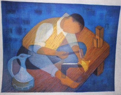 TOFFOLI LOUIS (1907-1999) Dinandier, fond bleu Lithographie sur papier Japon, signée...