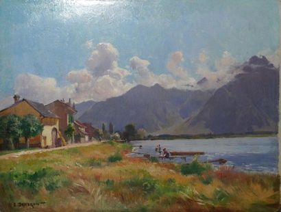 DAMMERON ÉMILE CHARLES, 1848-1908 Village et lac Huile sur panneau, signé en bas...