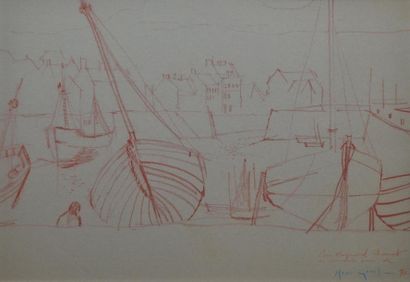 GENIS RENÉ, 1922-2004 Port breton à marée basse, 1970 Crayon rouge sur papier gris,...