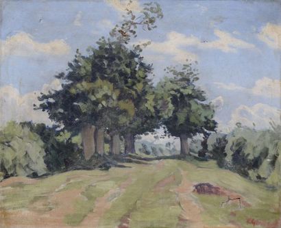 GUILLOUX CHARLES VICTOR, 1866-1946 Allée d'arbres huile sur toile (accidents), signée...