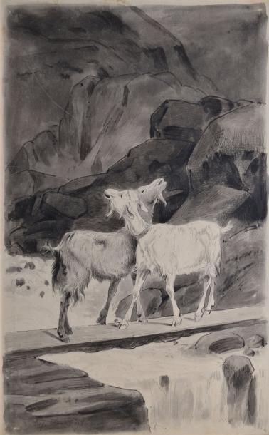 LAMBERT LOUIS EUGÈNE, 1825-1900 Chèvres traversant un torrent Plume et lavis d'encre...