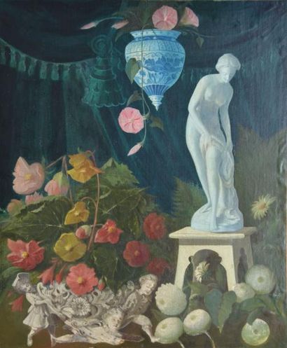 LANGLOIS HENRI, XIXE - XXE SIÈCLE Statue de Venus aux fleurs Huile sur toile rentoilée...